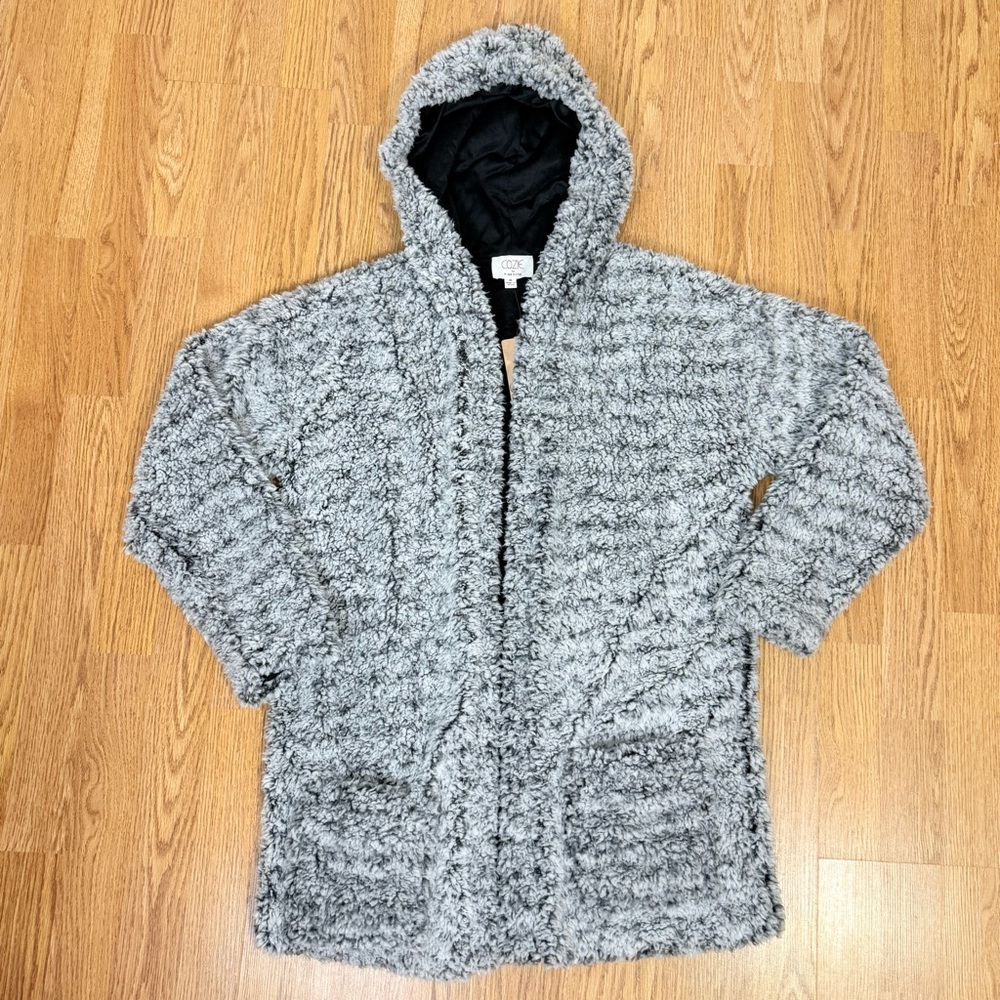 NWT Pink Rose Cozie BLACK/IVORY FROSTY faux fur open hooded cardigan size medium